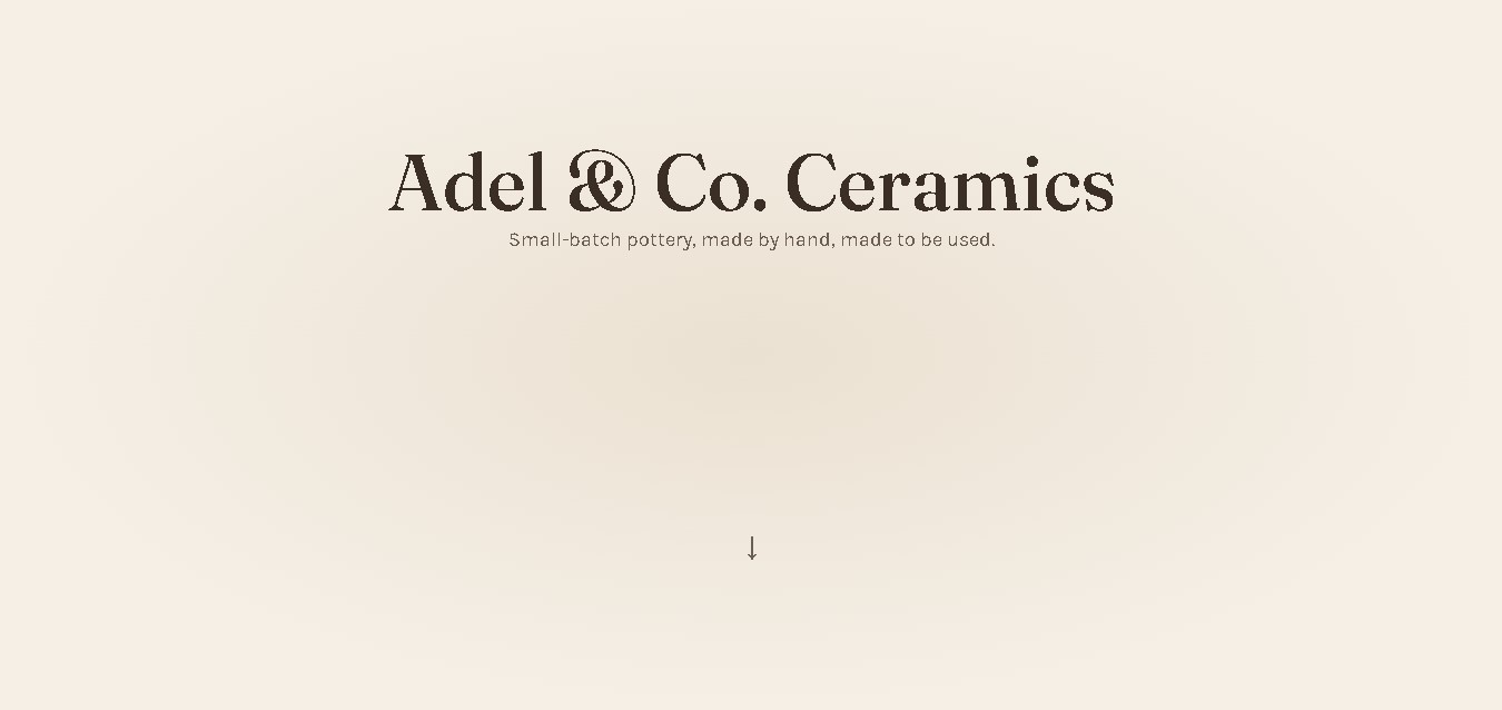 Screenshot of the Adel & Co. Ceramics homepage, showing a warm beige hero section with the studio name and a scroll cue